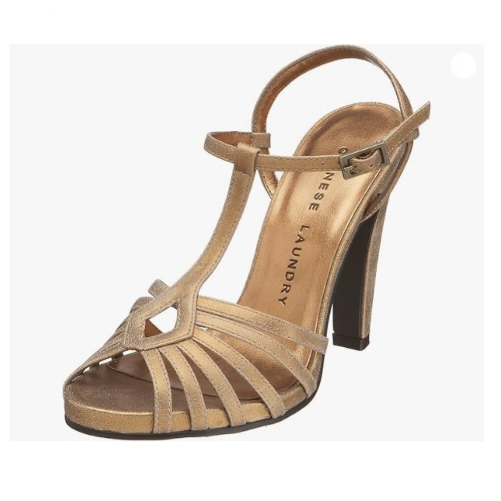 Chinese Laundry Women's Salma T-Strap Sandal genuine leather gold 7 like new